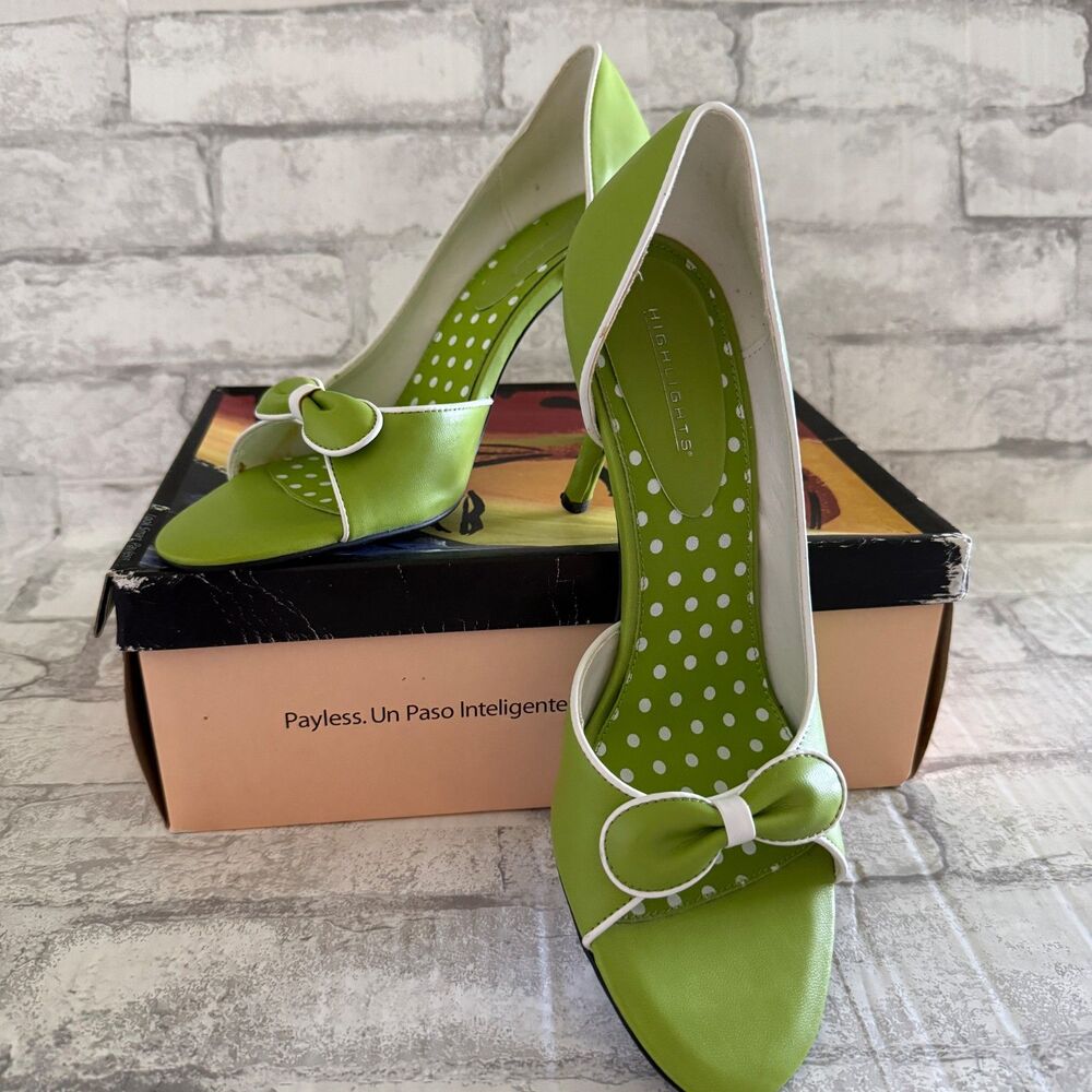 VTG Highlights Y2K Lime Green Polka Dot Bow Retro Rockabilly Pinup Peep Toe Pump